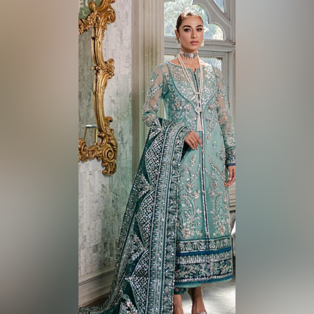 Pakistani  Teal Embroidered Long Sleeve Dress wedding outfit of small size